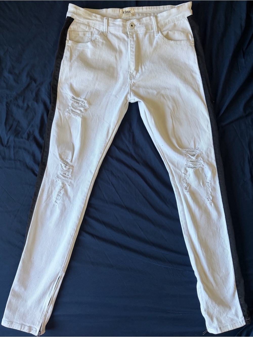 KDNK White Skinny Distressed Jeans with Black Side Stripe -